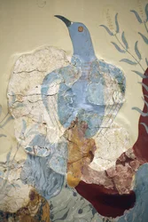 Minoen kunst. Detalje af "" Blå fugl" Fresco eller "" Den blå fugl på Kreta"". Et af de tidligste og vigtigste malerier fra det såkaldte ç Freskomaleriernes hus è ved Knossos er ç Blue Bird è. Det er meget fragmentarisk og helt sikkert belo