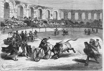 Tyre kapløb i Arena of Nimes i 1869. Toreadorerne monterede på velocipeder. Tegning af Mr. Miranda.