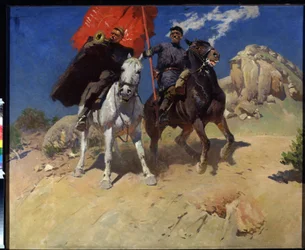 Fanebærer og Hornspiller. To soldater fra et kavaleriregiment af Den Røde Hær under Oktoberrevolutionen i 1917. Maleri af Mitrofan Borisovitj Grekov (1882-1934), olie på lærred