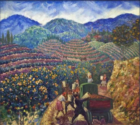 The Harvest in Chakva State Farm par Beringov, Mitrofan Mikhailovich (1986-1937). Olie på lærred, sitz: 114x128
