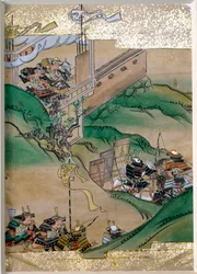 Episode af Imperial Struggles in Japan (1308-1368). Miniature af skolen Tosa (1600-tallet) med bladguld og perlemor til østers. Privat samling