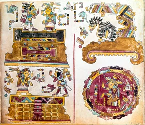 Mixtec civilisation: Mixtec Codex med illustrationer af daglige aktiviteter - Præcolombiansk kunst, blandet civilisation: scener de vie quotidienne - Detalje af en kopi af Codex Vindobonensis eller wienske codex sendt af Hernan Cortes til Charles V i 1519 