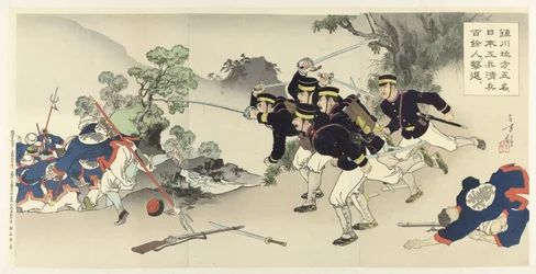 I Chinchon-regionen udviser fem militæringeniører mere end hundrede kinesiske soldater Chinsen chihô ni gomei no Nihon kôhei Shinhei hyakuyonin kitai