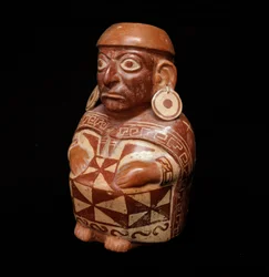 Præcolombiansk kunst, mochic civilisation (grim): vase, der repræsenterer "" tekstilet" - 200 f.Kr.-700 e.Kr. Lima, Nationalmuseet for antropologi og arkæologi, Peru - præcolumbiansk kunst, Moche-civilisation (Mochica-kultur), antropomorfisk flaske: repræs