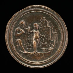 En billedhugger udskærer en statue af Amor, slutningen af det 15. - begyndelsen af det 16. århundrede.