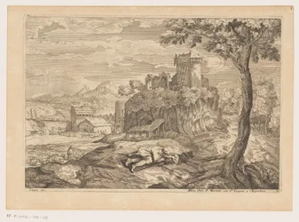 Landskab med en hvilende hyrde, i baggrunden en flod med bro og vandmølle Landskaber efter Titian (serietitel)