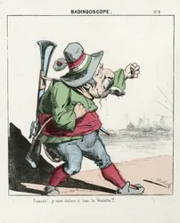Flyvende blad, nummer 5, satirisk i farver, ca. 1870: Badingoskop - Kommune Paris/Krig/Belejring, Jagt, Republikkens præsident - Napoleon III - Illustration af Moloch (1849-1909)