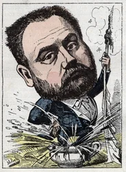 Portræt af Emile Zola (1840-1902) fransk forfatter i "" Le Trombinoscope"" af Touchatout, karikatur af B. Moloch fra 1882 (1849-1909). Privat samling.