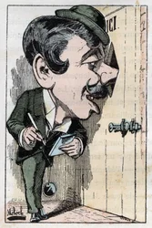 Allegori af en "" reporter "" (journalist) i "" Le Trombinoscope"" af Touchatout, tegneserie af B. Moloch fra 1882 (1849-1909). Privat samling.