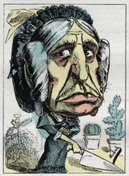 Allegori over "" stedmoderen "" (Belle mere) i "" Le Trombinoscope"" af Touchatout, karikatur af B. Moloch fra 1882 (1849-1909). Privat samling.