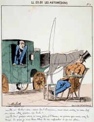 HAN. EX. EX. Motoredons: Tegneserie af transport i byen. En kusk betaler til tiden stopper på en cafe for at tage en bock under æren fra den borgerlige, han bærer. Tegning af Moloch (1849-1909), omkring 1860.