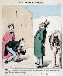 HAN. EX. EX. Motoredons: Tegneserie af transport i byen. En mand beder en kusk om at transportere ham og hans kone. Den hovmodige kusk nægter at lade kvinden gå ombord. Tegning af Moloch (1849-1909), omkring 1860.