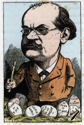 Portræt af Alexandre Charles Lecocq (1832-1918), fransk komponist i "" Le Trombinoscope"" af Touchatout, karikatur af B. Moloch fra 1882 (1849-1909). Privat samling.