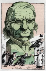Portræt af Emile Littre (1801-1881), fransk filolog, læge og politiker i "Le Trombinoscope"" af Touchatout, tegneserie af B. Moloch fra 1882 (1849-1909). Privat samling.