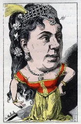 Portræt af Emma Valladon dit Theresa (1837 -1913) sangerinde fra fransk kabaret i "" Le Trombinoscope"" af Touchatout, tegneserie af B. Moloch fra 1882 (1849-1909). Privat samling.