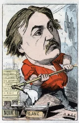 Portræt af Gustave Dore, tegner og gravør 1832-1883 i "" Le Trombinoscope"" af Touchatout, karikatur af B. Moloch fra 1882 (1849-1909). Privat samling.