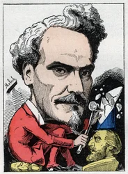Portræt af Henri de Rochefort (1831-1913) Marquis de Rochefort, journalist, politiker og forfatter i "Le Trombinoscope"" af Touchatout, tegneserie af B. Moloch fra 1882 (1849-1909). Privat samling.