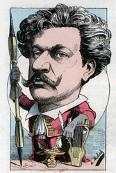 Portræt af Louis Alexandre Gosset de Guines dit Andre Gill (1840 - 1885) fransk digtermaler i "" Le Trombinoscope"" af Touchatout, tegneserie af B. Moloch fra 1882 (1849-1909). Privat samling.