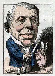 portræt af Philippe Ricord (1800-1889), fransk kirurg i "" Le Trombinoscope"" af Touchatout, tegneserie af B. Moloch fra 1882 (1849-1909). Privat samling.