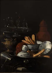 Stilleben med blåt og porcelæn og toast