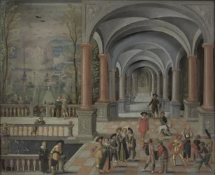Festlig sammenkomst og figurer fra en Commedia dell
