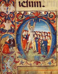 Ms 543 f.5v Historikeret initial O med korsfæstelsen af St. Andrew, fra en psalter, ca. 1515