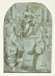 Maria med Jesusbarnet tronende, omgivet af apostlen Andreas, Johannes Døberen som barn, den hellige Jeronimus og den hellige Frans af Assisi