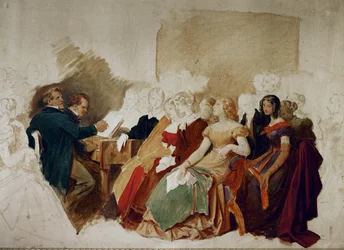 En aften hos baron Spaun, Schubert ved klaveret, tenoren Johann Michael Vogl ved siden af ... (akvarel)