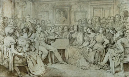 En aften hos baron Spaun, Schubert ved klaveret, tenoren Johann Michael Vogl synger ... (blæk, sepia)