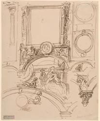 Arkitektoniske detaljer til en vægdekoration med kejserinde Maria Theresia, der omfavner den unge Wolfgang Amadeus Mozart, ca. 1864 (pen og blæk)