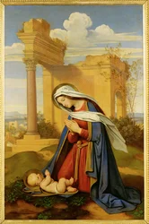 Jomfru Maria tilbeder barnet ... (maleri på lærred)