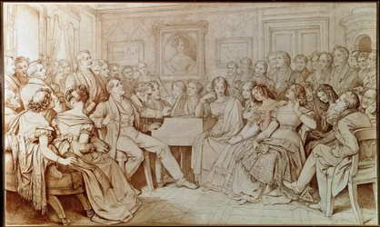 Komponisten Franz Schubert akkompagnerer tenor Johann Michael Vogl ved en musikalsk aften hos Baron von Spaun (Tegning