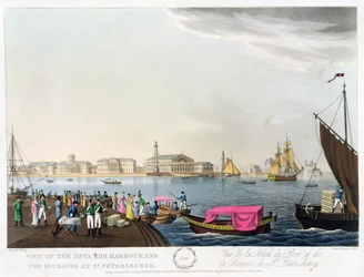 Udsigt over Neva, havnen og udvekslingen i St. Petersburg, illustration for juni fra 