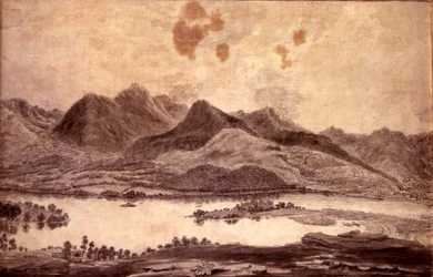 Panoramaudsigt over Derwentwater og Vale of Keswick, detalje af den nordlige ende af Derwent Water, ca. 1772 (blyant og vask på papir) (se 92086 og 92088-91)