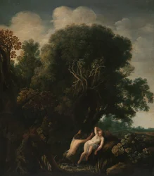 En badenymfe taget ved overraskelse af en Satyr En nymfe overrasket ved sit bad af en Satyr