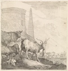 Geder og køer ved et rundt tårn med en obelisk Firbenede dyr (serietitel)