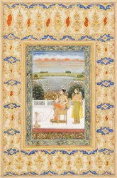 Albumside: Gulbadan Begum ryger på en terrasse, Delhi, ca. 1800