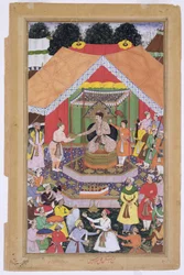 Kejser Akbar (r.1556-1605) underholdt af sin plejebror Azim Khan i Dipalpur, Punjab, 1571, fra Akbarnama lavet af Abul Fazi, 1590-98 (ugennemsigtigt wc & guld på papir)