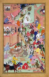 Kejser Akbar (r.1556-1605) inspicerede bygningsarbejdet i Fatehpur Sikri, by afsluttet 1584, fra Akbarnama, 1590-98 (ugennemsigtigt wc & guld på papir)