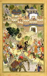 Kejser Akbars triumferende indtog i Surat, fra Akbarnama lavet af Abul Fazi (1515-1602) 1590-98 (ugennemsigtigt wc & guld på papir)