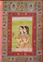 Indisk kunst: miniature med to kvinder. 17. århundrede (Mughalperioden), Paris, B.N.