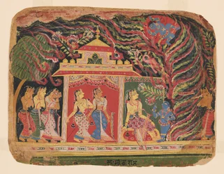 Krishna besejrer Trinavarta, den dæmoniske hvirvelvind, fra en Bhagavata Purana (Herrens bog), præ-Mughal-skole (maleri)