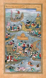 Sultan Bahadur og Rumi Khan hopper i havet, når de er omgivet af portugisiske både, fra Akbarnama