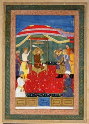 Mughal-kejseren Babur (1526-30) sidder på en trone og modtager en prins, Johnson Album I, nr. 3 nummereret 65
