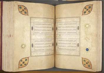 Fol 82 verso 83 recto, Timurid Quran, 1441 (blæk & guld på papir)