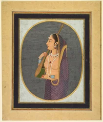Hofdame synger og spiller på vina, ca. 1760 (uigennemsigtig akvarel, blæk og guld på papir)