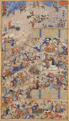 Kamp mellem iranere og turanere, Folio fra en Shahnama Kongebog, 1562-83. Skabere: Muhammad ibn Taj al-Din Haidar Muzahhib Shirazi, Muhammad al-Qivam al-Shirazi.