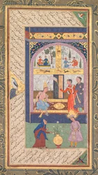 Zulaykha i sit palads og som gammel kvinde med Joseph, fra en Panj Ganj, Fem skatte..., 1603-1