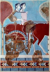 Mykensk kunst: par på en stridsvogn. Fragment af fresko fra paladset i Tiryns og rekonstruktion