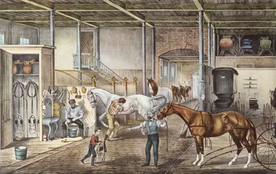 Modelstald, hvor drenge og hestepassere virkelig tager sig af hestene, kobberstik fra bogen "America" af Currier og Yves 1870